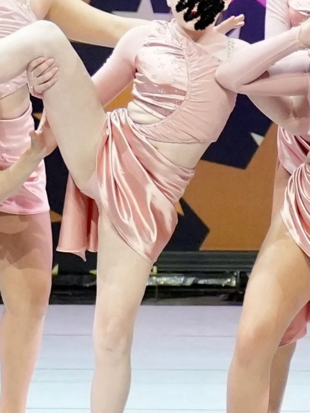 CXL Light Pink Satin Dance Costume with Sequins and Stones and Asymetrical Skirt